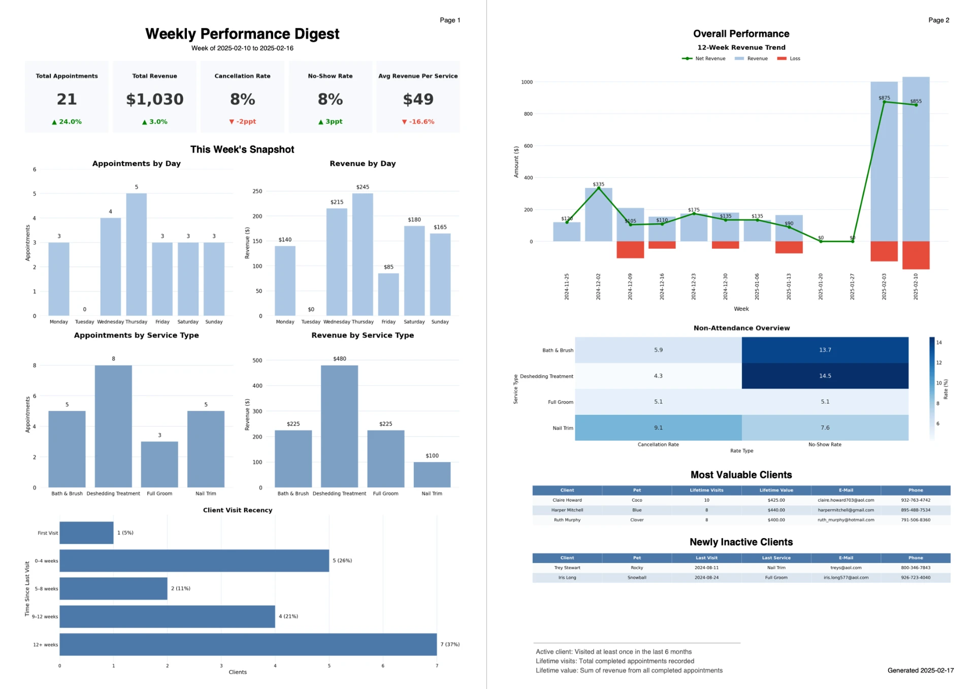 Two-page Weekly Performance Digest PDF with KPI cards, appointment and revenue charts by day and service type, client visit recency, a 12-week revenue trend, a non-attendance heatmap, and client tables.